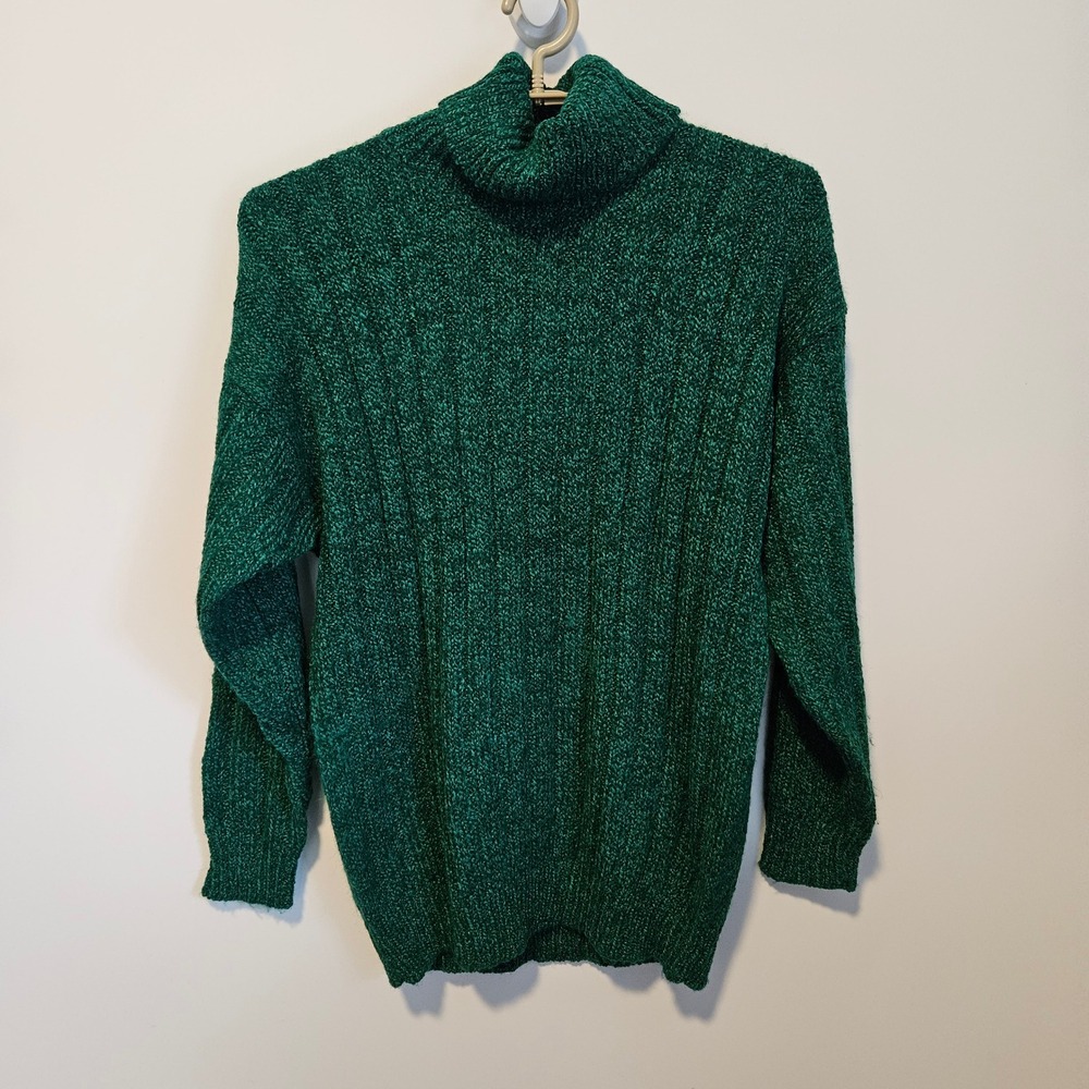 Vtg Knit Turtleneck Sweater Large Ribbed Pullover 80s Oversized Emerald Holiday